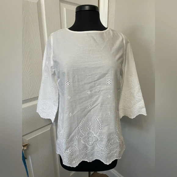 Chico’s Eyelet Lace White Blouse Shirt Size 0 US size Small (4-6) 3/4 Sleeve - Picture 1 of 6